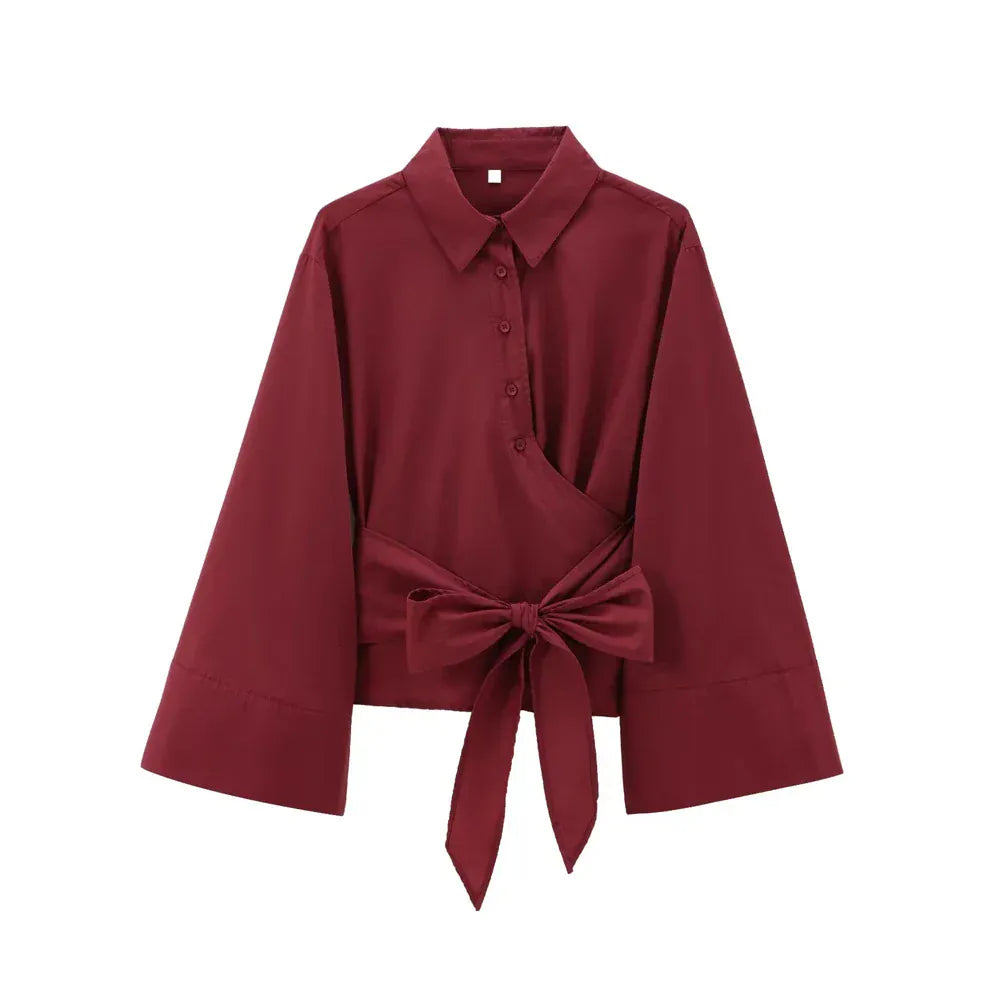 T-line Dark Red / XS Women's Long Sleeve Kimono Blouses With Bow Tie , Female Shirts (5 - 10 work days free delivery)