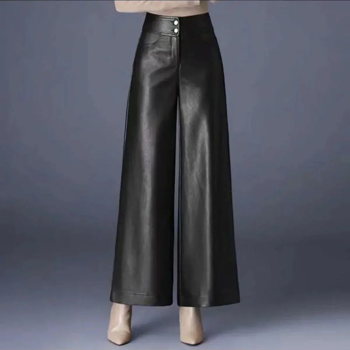 T-line 5XL 77.50kg -82.50kg / Black E Zone 2700 Fashion High Waist PU Leather Wide Leg Pants Women Loose Casual Long Trousers Autumn Winter New Style Elegant Versatile