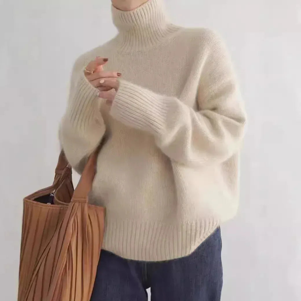 T-line Beige / S Women's Sweater, Autumn / winter, High Neck Knitted Jumper, Solid Colour, Loose Long-sleeved Knit Sweater (2 weeks delivery)