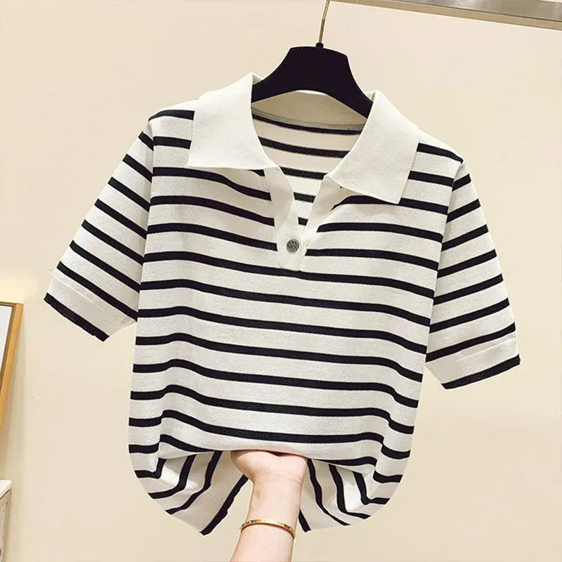 T-line black / 4XL 80-100Kg Women Clothing Fashion Polo-neck Striped Short Sleeve T-shirts Summer Vintage Button Sweet Knit Top Office Lady Loose Pullovers