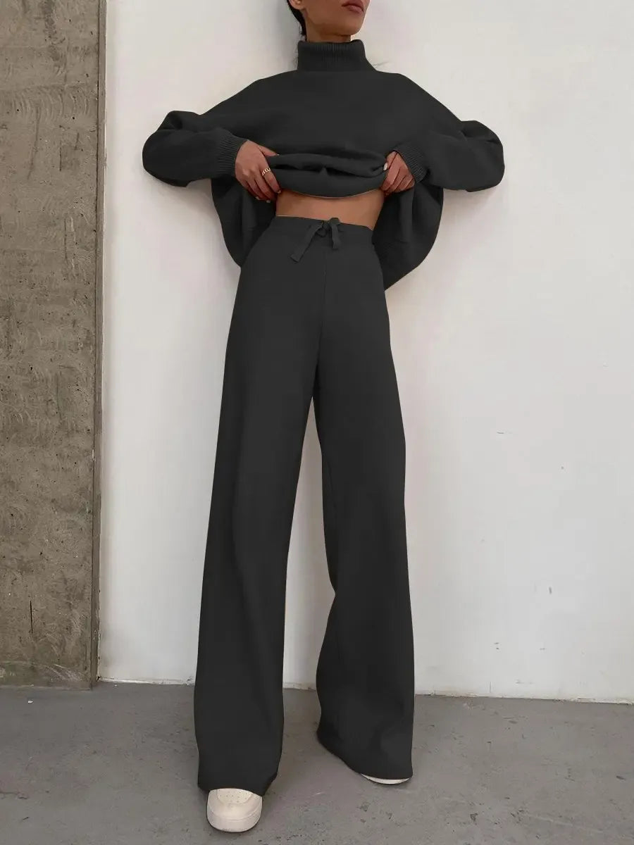 T-line Black / S Long Sleeve Brown Wide Leg Pants, High Neck pullover, Two Piece Sweater Set, suit (2 weeks delivery)