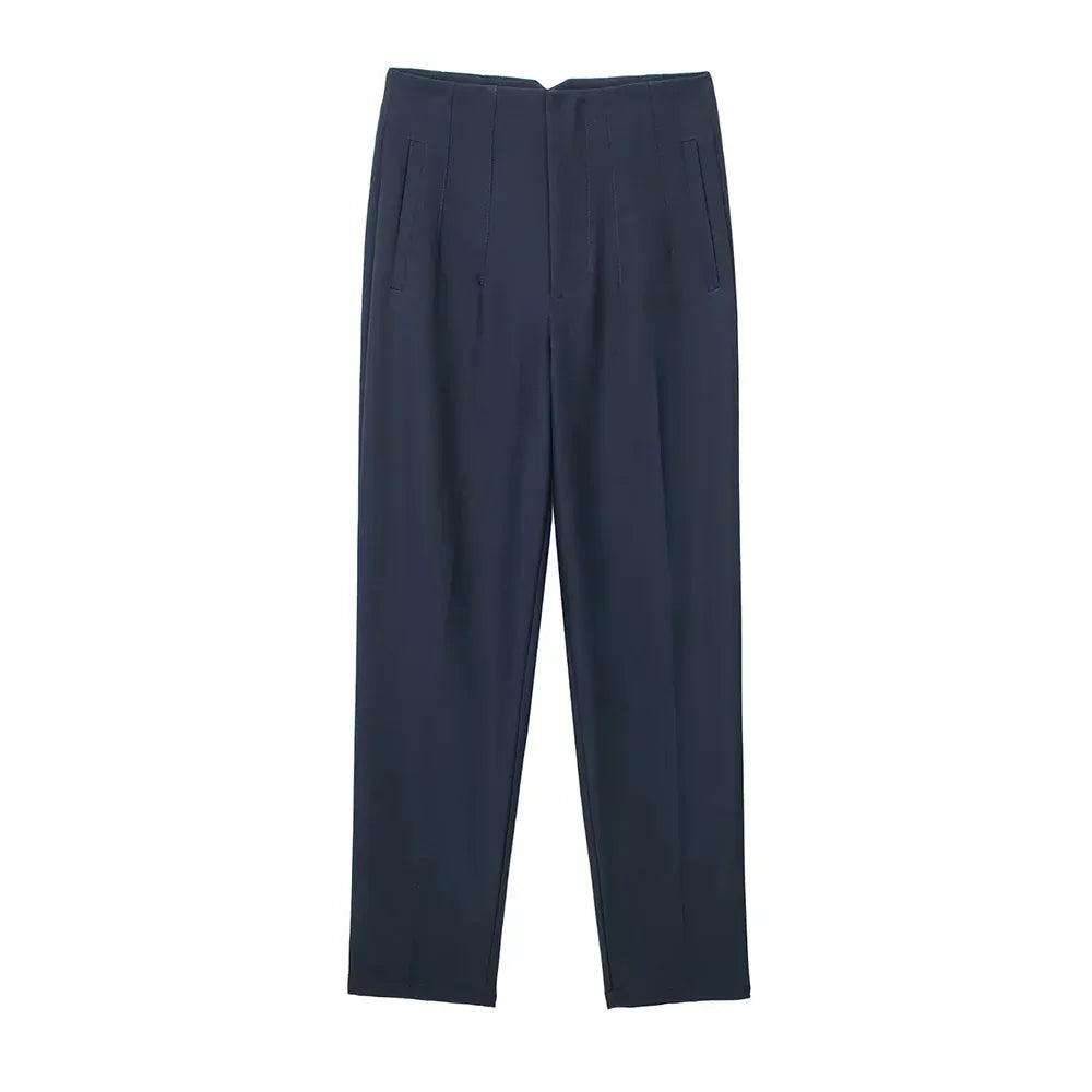 T-line Dark blue / S High Waist Solid Pants, for Women, Trousers, Pockets, Zipper Pants trouser (2 weeks delivery)