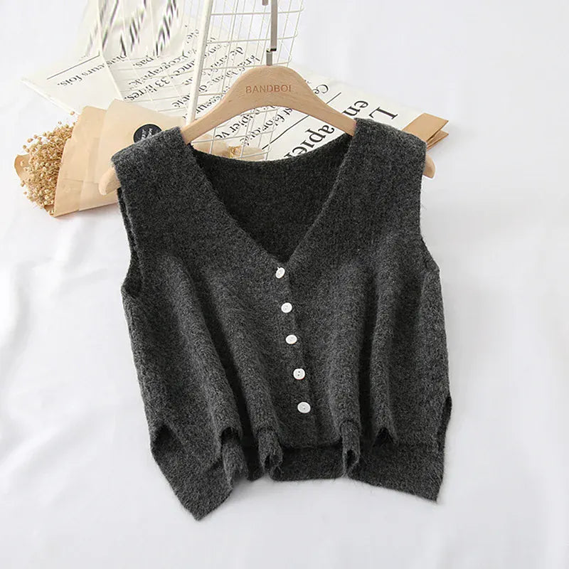T-line Gray Spring Autumn Trendy Vest Women, V-Neck Wide-Shoulder Sleeveless Knitted Wool(2 weeks delivery)