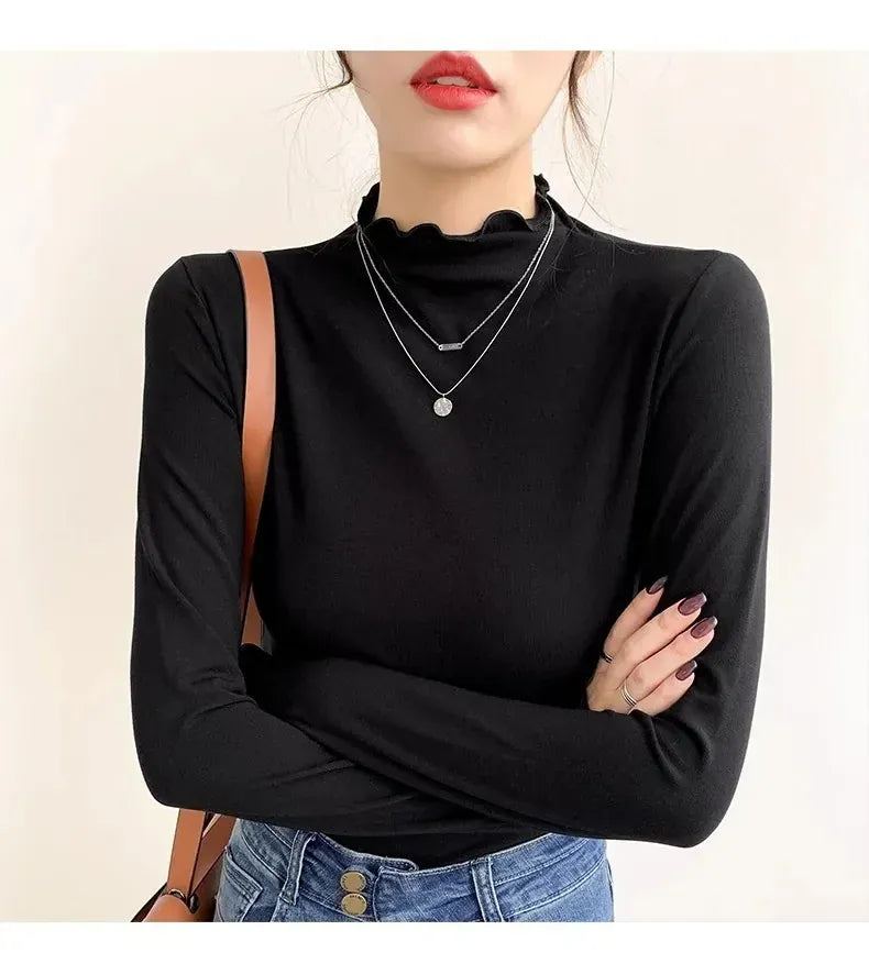 T-line L / black Women's Half Polo Turtle Neck Base Layer Top New Spring Autumn Winter White Long Sleeve T-Shirt Wooden Ear Decoration Stylish Hi