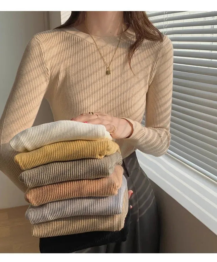 T-line O-neck, Solid, Knit, Slim Pullovers. Autumn Winter Women Sweater, Female Long Sleeve Warm pullover(2 weeks delivery)