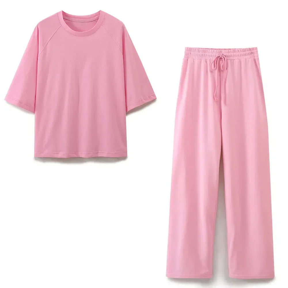 T-line Pink Suit / S Summer Women Casual T Shirt Pant Sets, Short Sleeve T-Shirt + Drawstring Loose Trousers pant , Suit (2 weeks delivery)