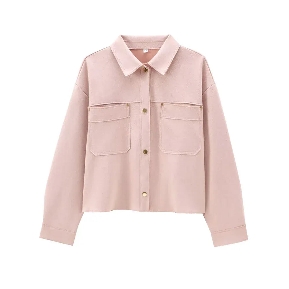 T-line Pink / XS Faux Suede Jacket for Women, Pockets, Loose Coat, Long Sleeve, Button, Female Tops, (2 weeks delivery)