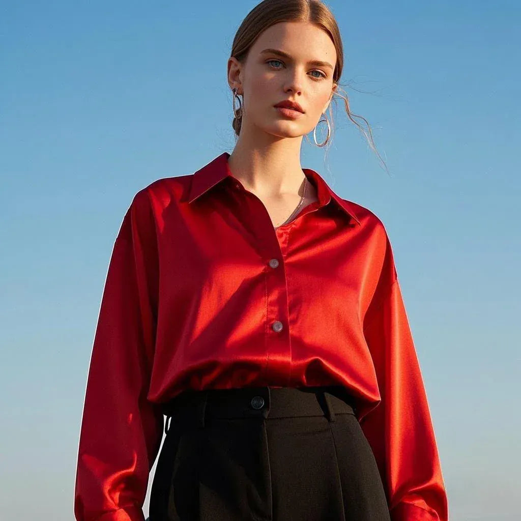 T-line Red / S Shirt, Blouses For Women, Satin, Multicolor, Basic Slim Shirt, Solid All-Match, Top , (2 weeks delivery)