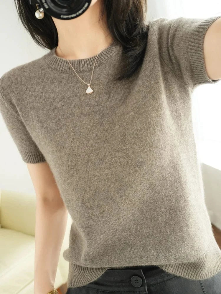T-line Short-sleeved Knitwear Women O-neck T-shirt, Wool, Cotton Pullover, Sweater, Solid, Soft (2 weeks delivery)