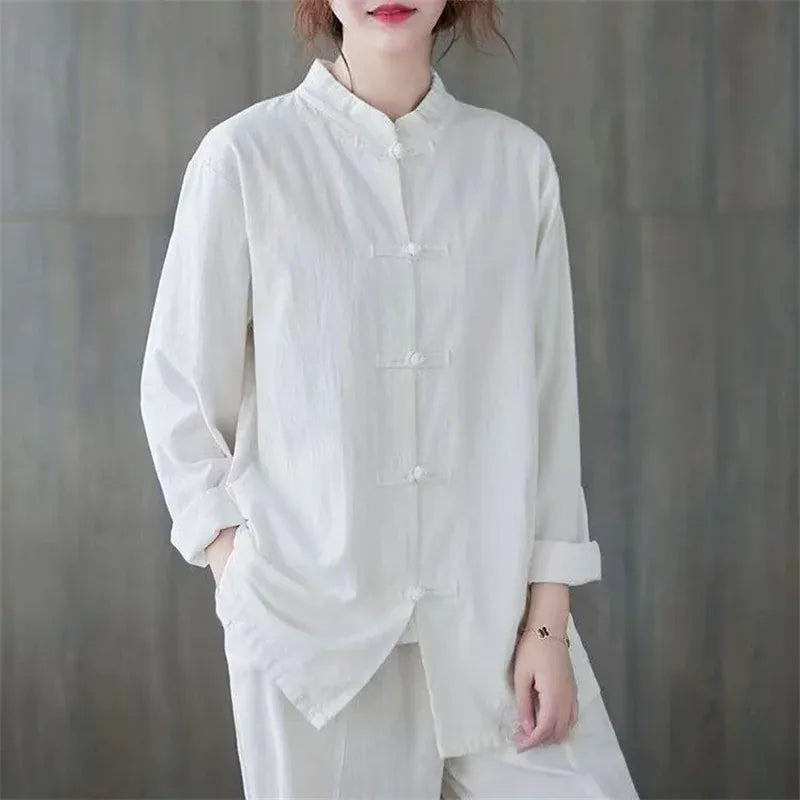 T-line White / M Women Cotton Linen Casual Shirts, Chinese Style, Female Long Sleeve Tops, shirt (2 weeks delivery)