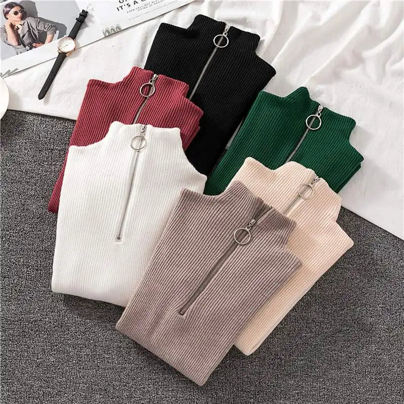 T-line Women Knitted Sweaters, Long Sleeve , Zip-up, Basic Female Pullovers (2 weeks delivery)
