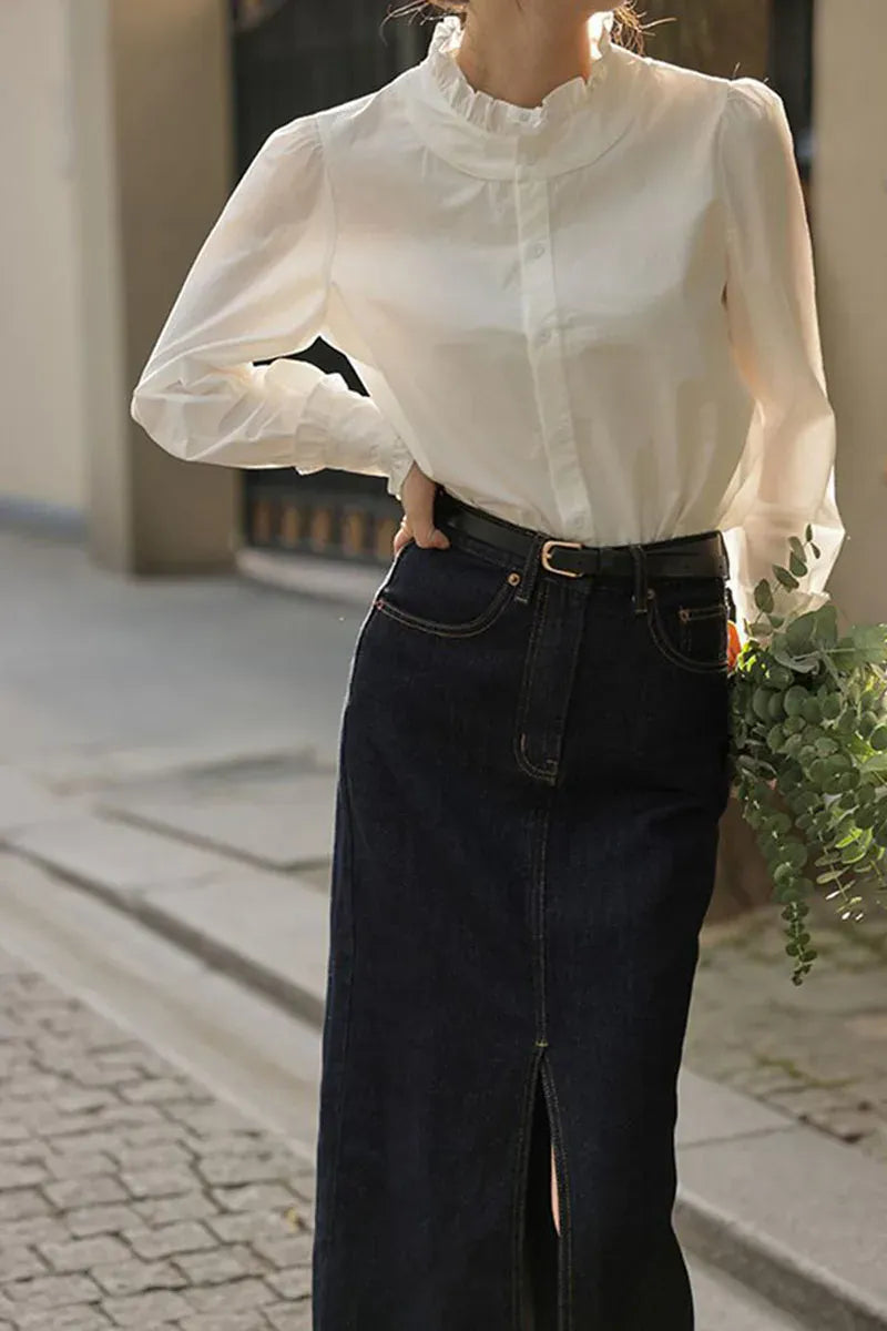 T-line Spring Summer Women Shirt ,  Ruffles Chiffon Blouses , Long Sleeved  (5 - 10  work days free delivery)