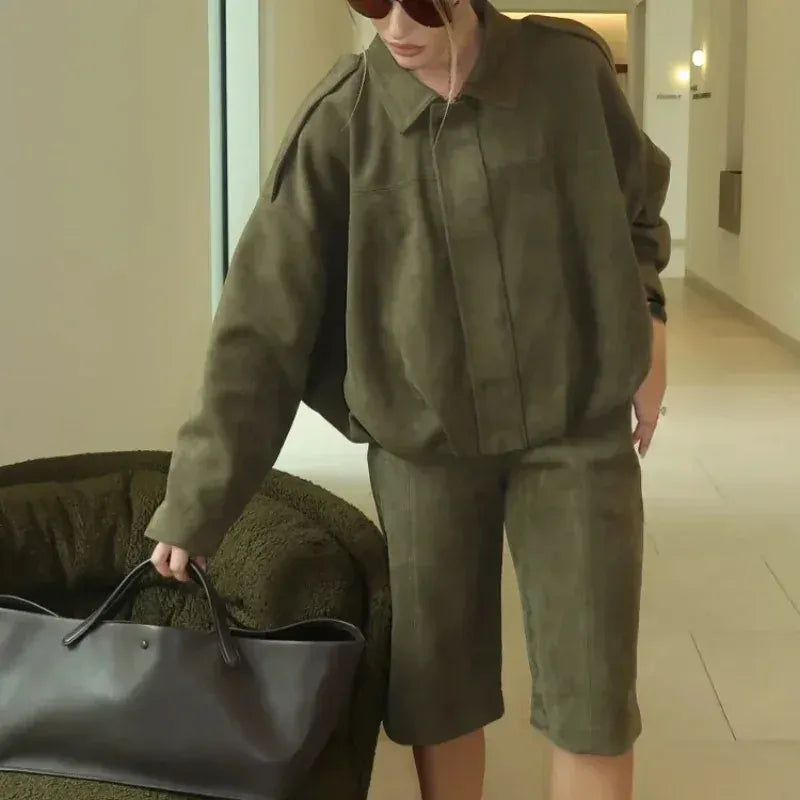 T-line Women's 2026 Spring New 2-piece Fashion Suede Casual Minimalist Pilot Jacket and Shorts Skirt Set