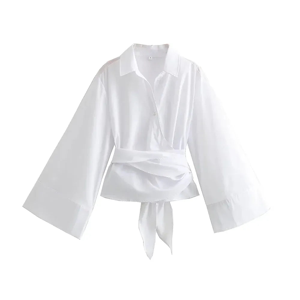 T-line White / XS Women's Long Sleeve Kimono Blouses With Bow Tie , Female Shirts  (5 - 10  work days free delivery)