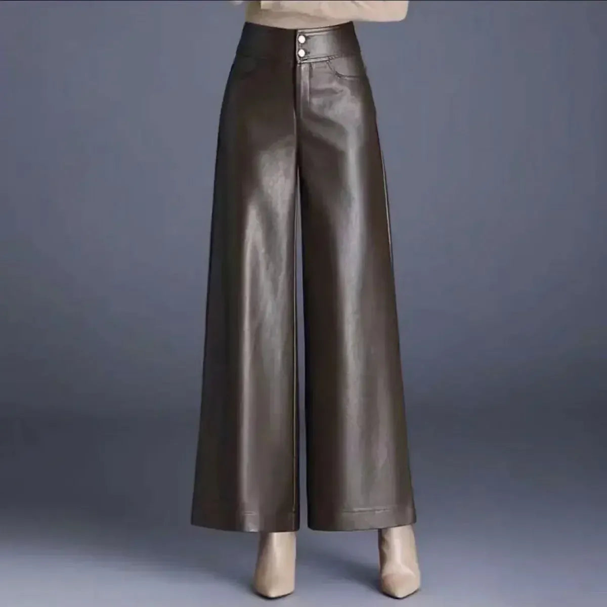T-line Fashion High Waist PU Leather Wide Leg Pants Women Loose Casual Long Trousers Autumn Winter New Style Elegant Versatile