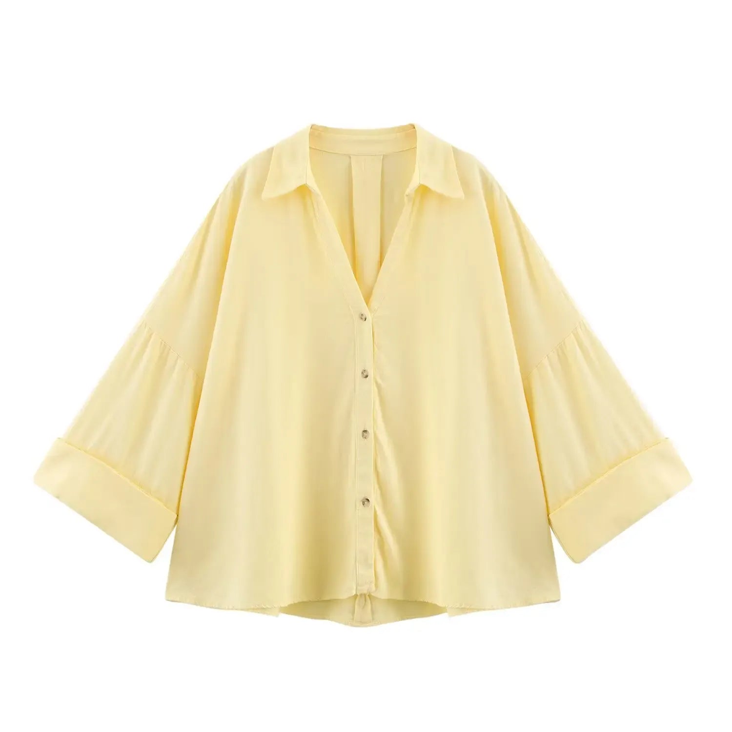 T-line Yellow / M Summer Women's Curled Wide Sleeves Linen Blended Striped Asymmetric Casual Shirt Versatile Collar Linen Blended Printed Shirt