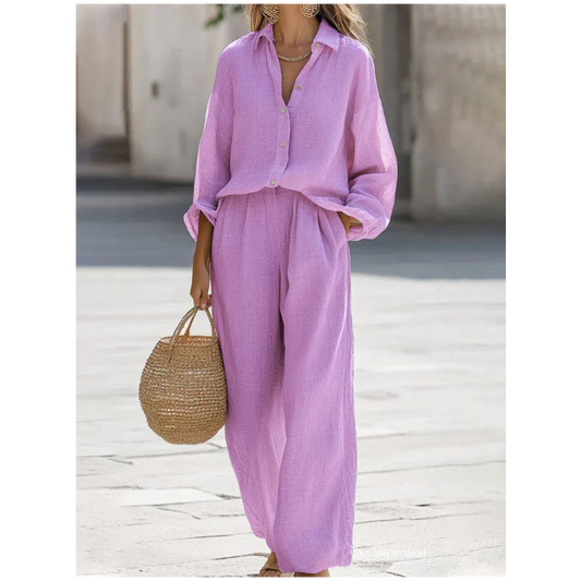 T-line 02 Purple / XL Casual collar long sleeved shirt long pants two-piece set new women's solid color loose and comfortable set