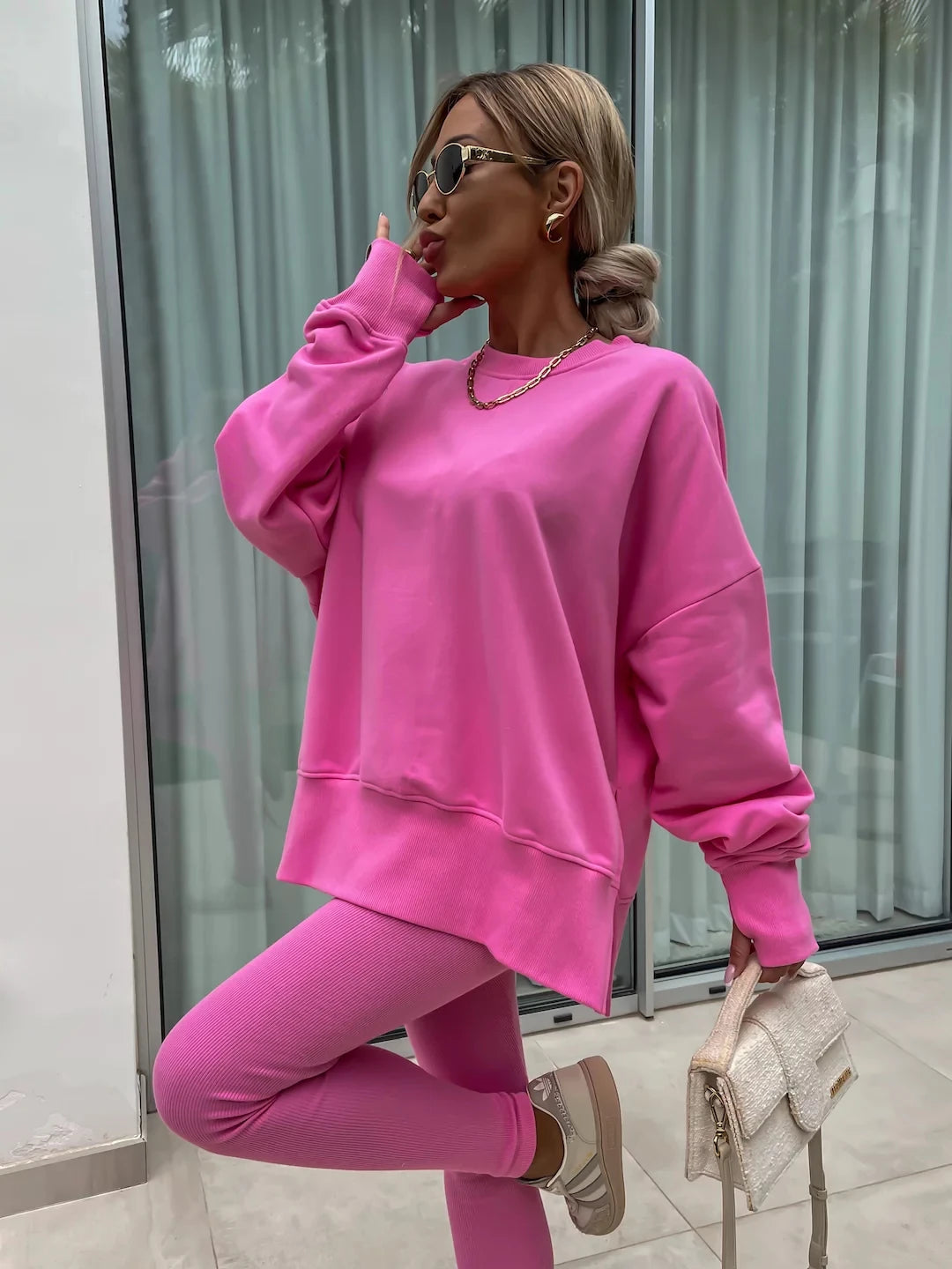 solid color round neck loose pullover hoodie  suit,  yoga skinny pants und pullover, legging, Female two-piece set (5 - 10 free delivery)