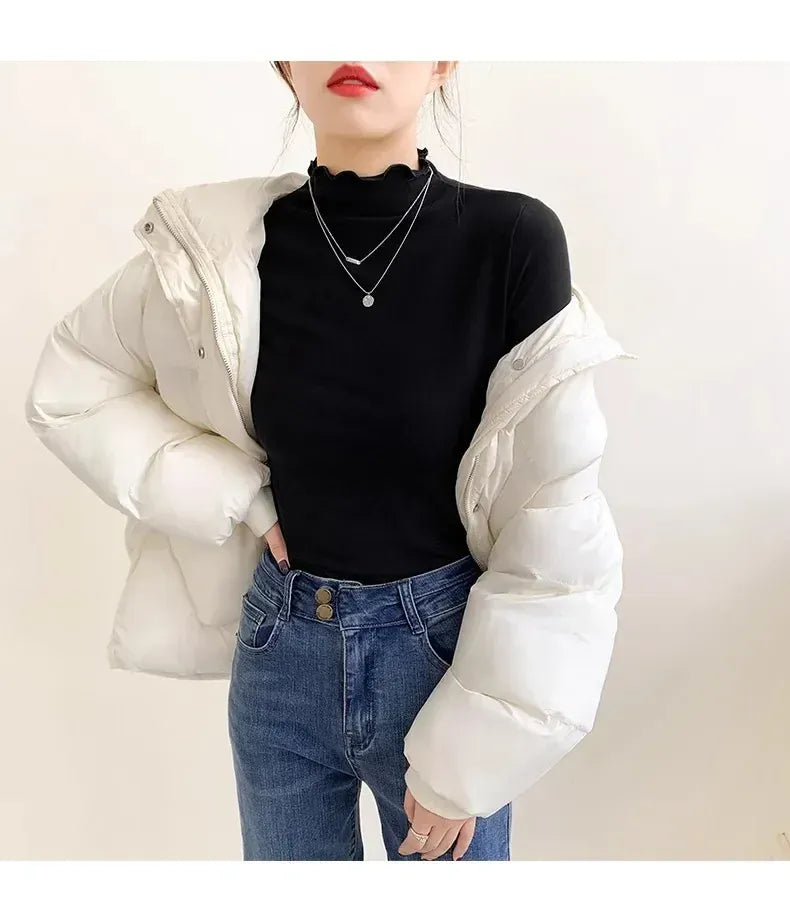 T-line Women's Half Polo Turtle Neck Base Layer Top New Spring Autumn Winter White Long Sleeve T-Shirt Wooden Ear Decoration Stylish Hi