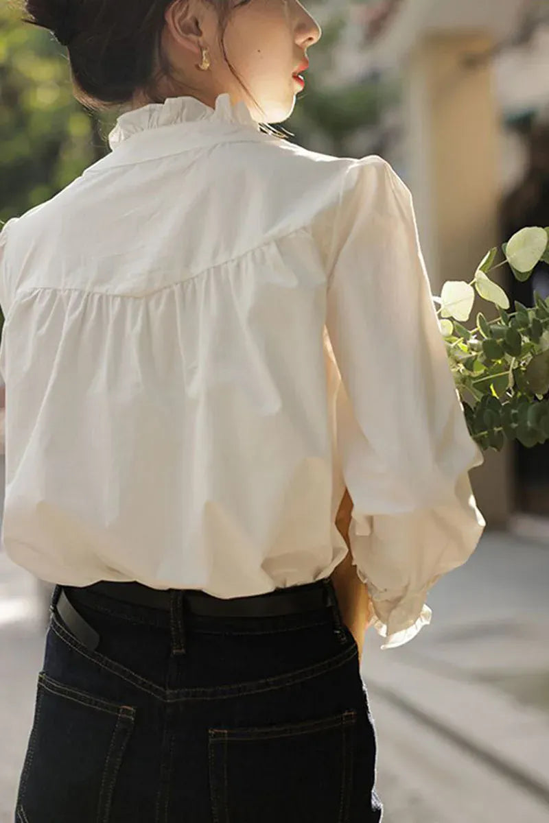 T-line Spring Summer Women Shirt ,  Ruffles Chiffon Blouses , Long Sleeved  (5 - 10  work days free delivery)