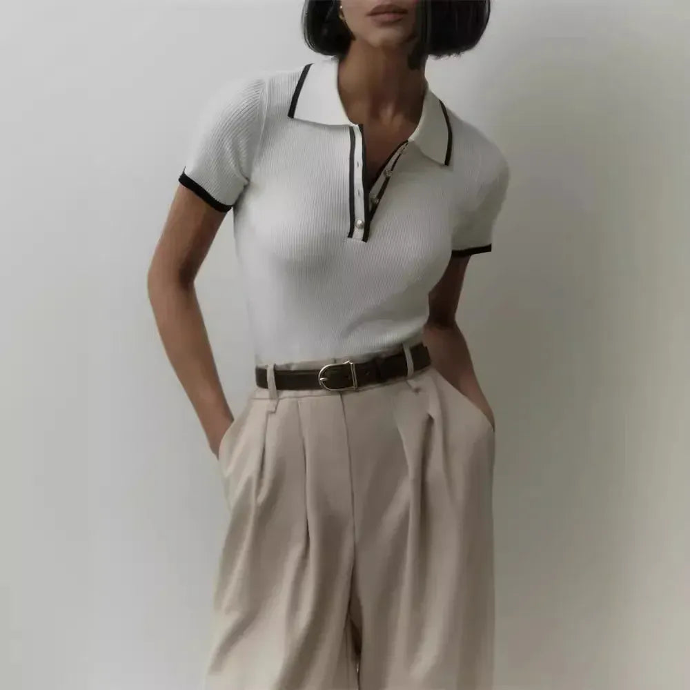 T-line Talenza Women's Knitted Pullover Fashion Short Sleeve Patchwork Sweater Top Elegant Slim Contrast Lapel Knitted Pullover Top