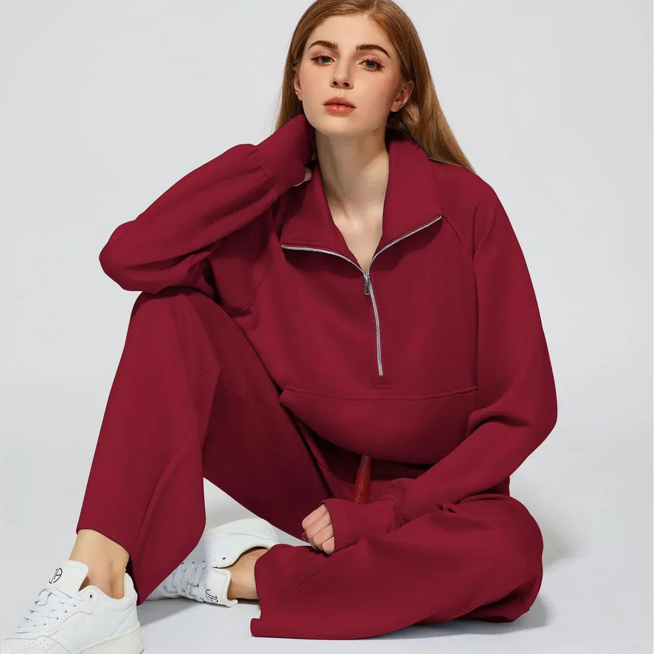 T-line Woman Solid Color Half Zip Long Sleeve Sweatshirt and Wide Leg Pants Set Casual Sporty Two Piece Outfit