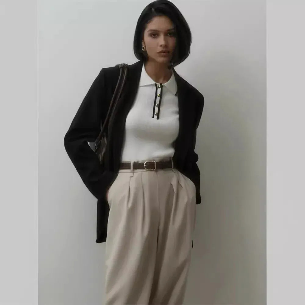 T-line Talenza Women's Knitted Pullover Fashion Short Sleeve Patchwork Sweater Top Elegant Slim Contrast Lapel Knitted Pullover Top