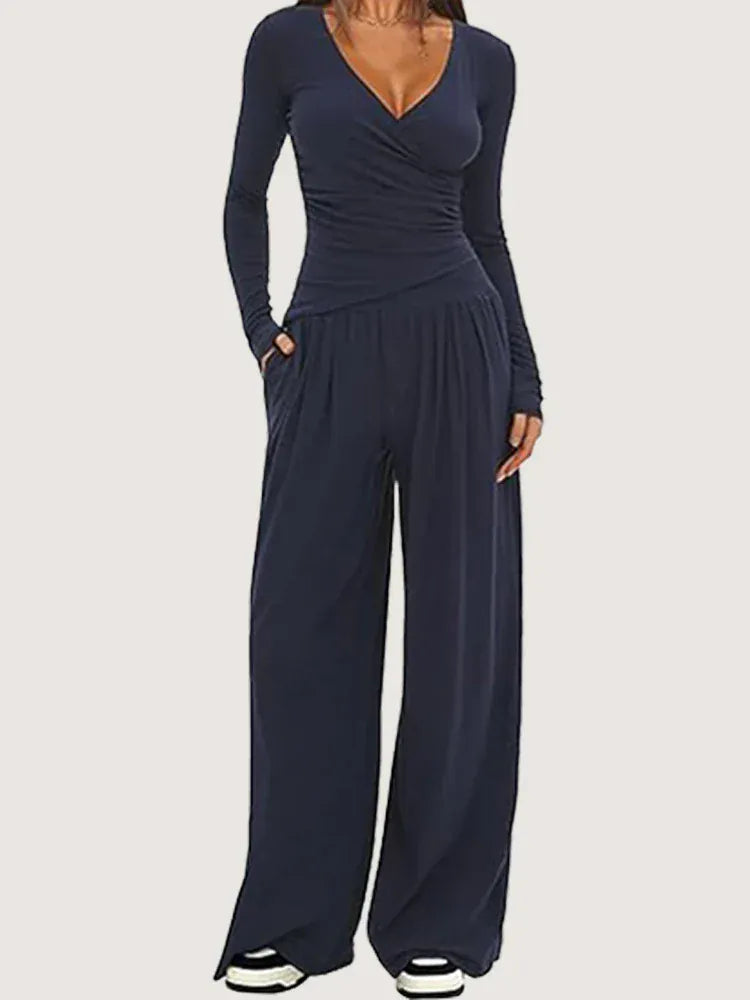 T-line wide leg pants set, women's long sleeves top  (5 - 10  work days free delivery)