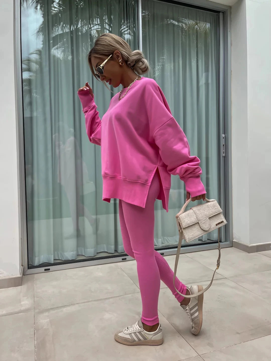 solid color round neck loose pullover hoodie  suit,  yoga skinny pants und pullover, legging, Female two-piece set (5 - 10 free delivery)