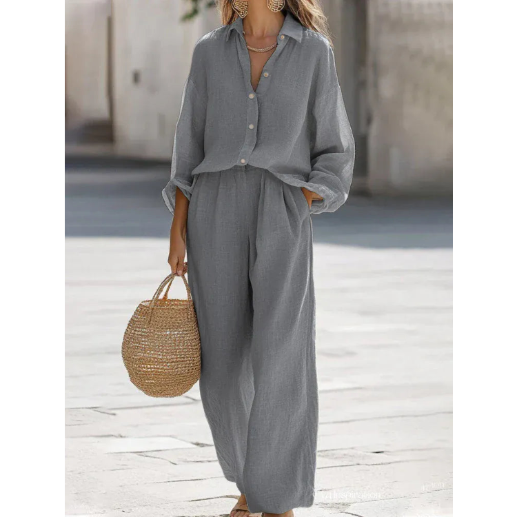 T-line 05 Gray / XXXL Flip collar long sleeved shirt long pants casual two-piece set new women's solid color loose and comfortable set