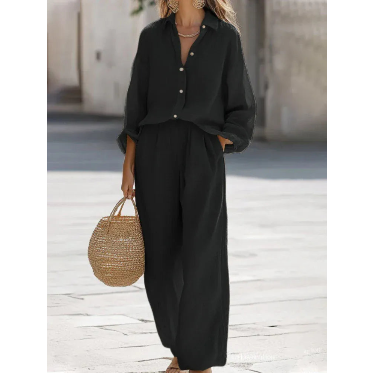 T-line 06 Black / L Flip collar long sleeved shirt long pants casual two-piece set new women's solid color loose and comfortable set