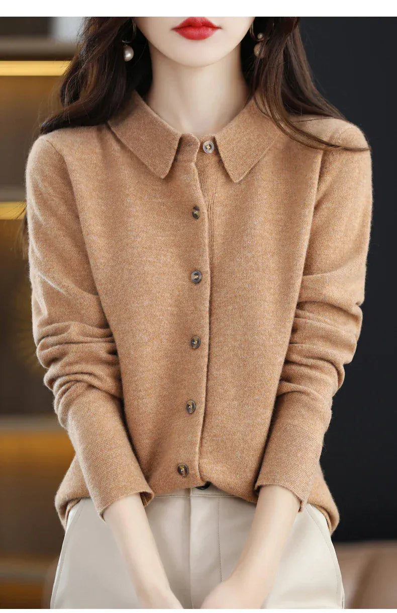 T-line 100% Merino Wool Cardigan, Women's POLO Neck,  Knit Sweater,  Spring / Autumn / winter, Soft Cashmere pullover (2 weeks delivery)
