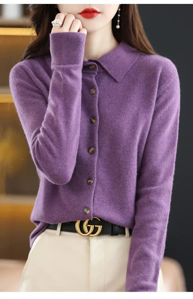 T-line 100% Merino Wool Cardigan, Women's POLO Neck,  Knit Sweater,  Spring / Autumn / winter, Soft Cashmere pullover (2 weeks delivery)