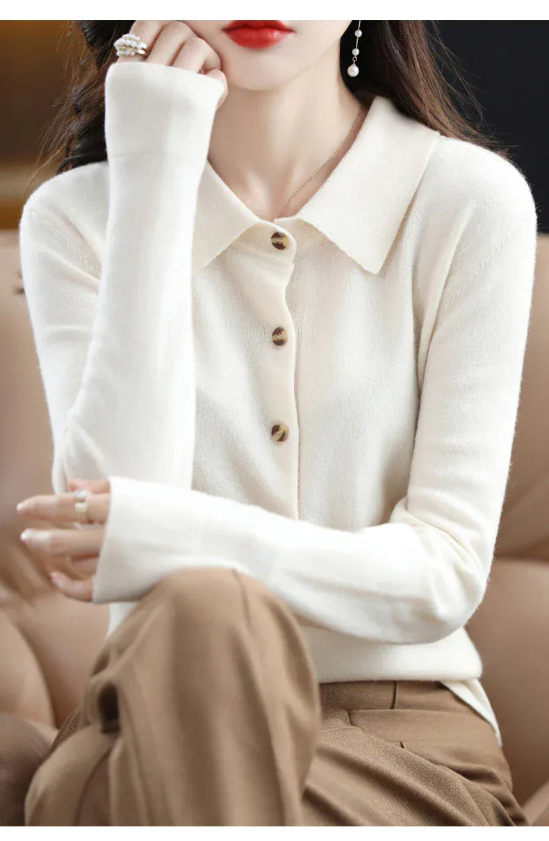 T-line 100% Merino Wool Cardigan, Women's POLO Neck,  Knit Sweater,  Spring / Autumn / winter, Soft Cashmere pullover (2 weeks delivery)