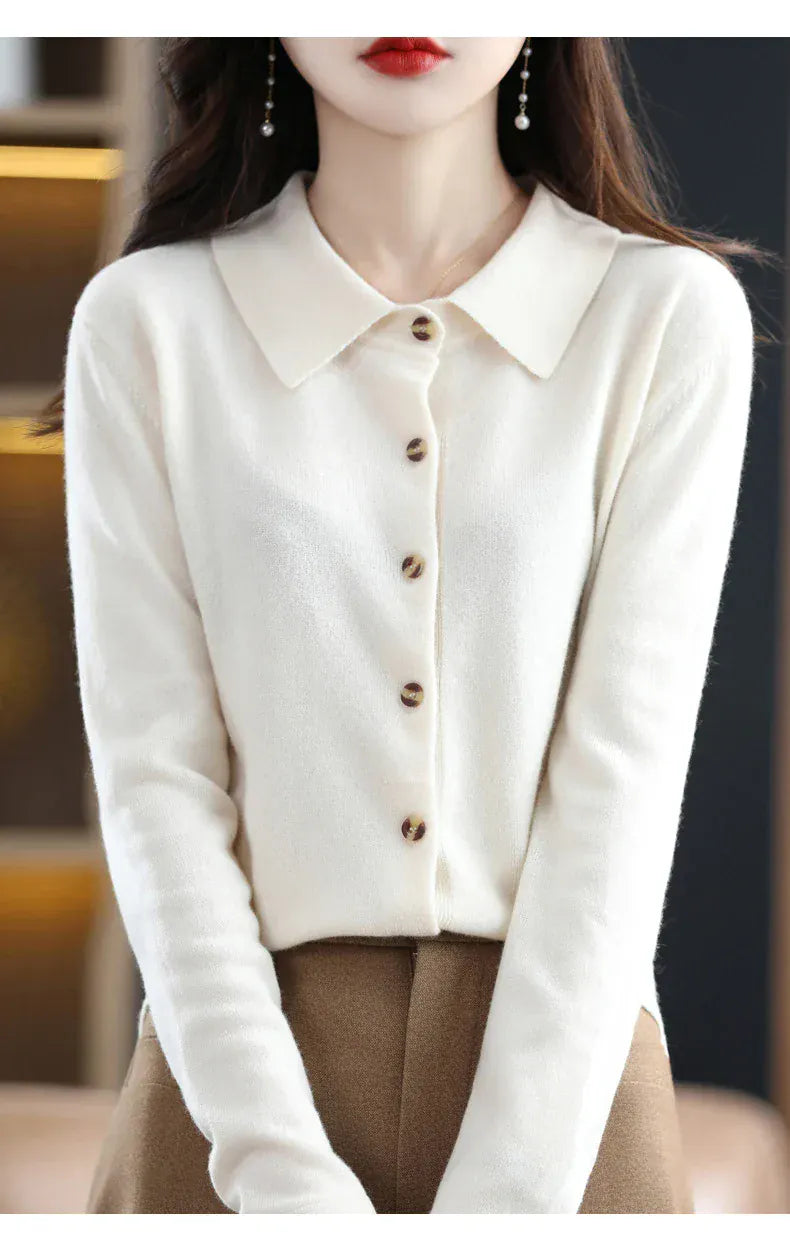 T-line 100% Merino Wool Cardigan, Women's POLO Neck,  Knit Sweater,  Spring / Autumn / winter, Soft Cashmere pullover (2 weeks delivery)