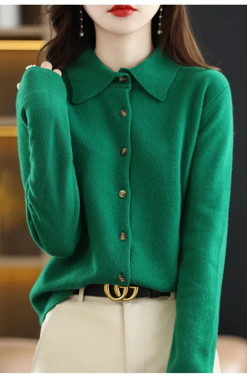 T-line 100% Merino Wool Cardigan, Women's POLO Neck,  Knit Sweater,  Spring / Autumn / winter, Soft Cashmere pullover (2 weeks delivery)