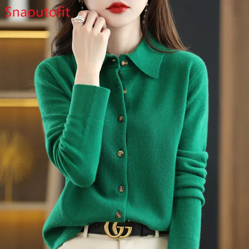 T-line 100% Merino Wool Cardigan, Women's POLO Neck,  Knit Sweater,  Spring / Autumn / winter, Soft Cashmere pullover (2 weeks delivery)