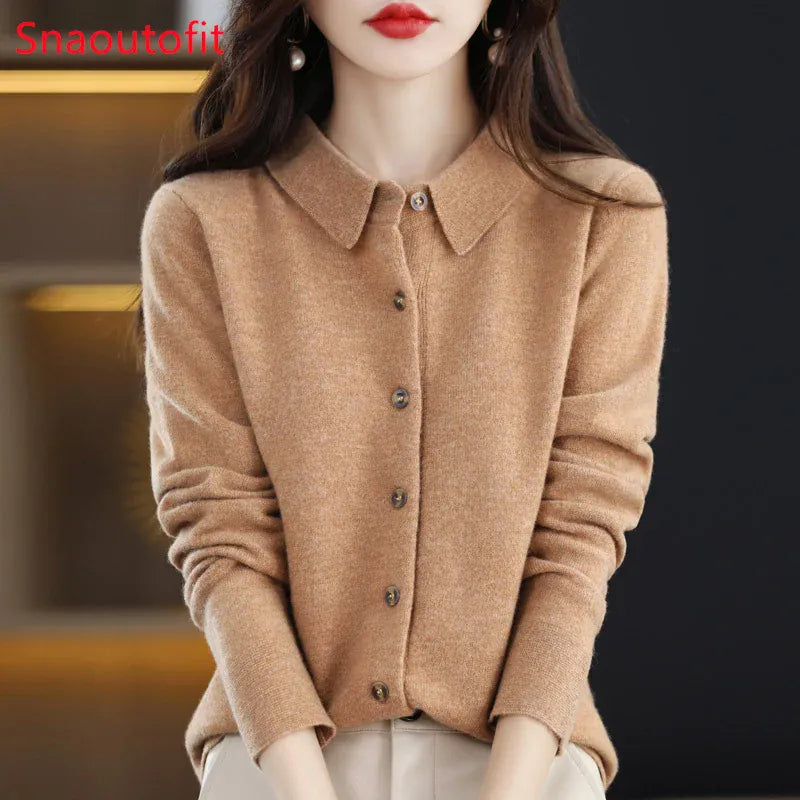 T-line 100% Merino Wool Cardigan, Women's POLO Neck,  Knit Sweater,  Spring / Autumn / winter, Soft Cashmere pullover (2 weeks delivery)