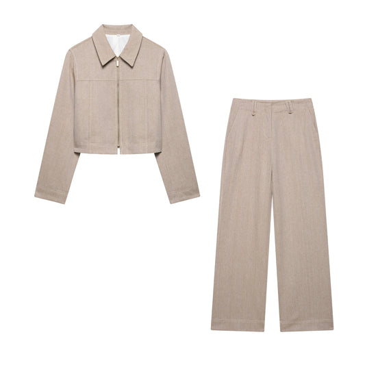 T-line 2 pcs / XS Women Khaki  Set , Pants , Cropped Jacket , Long Sleeves , Female Suits (5 - 10  work days free delivery)