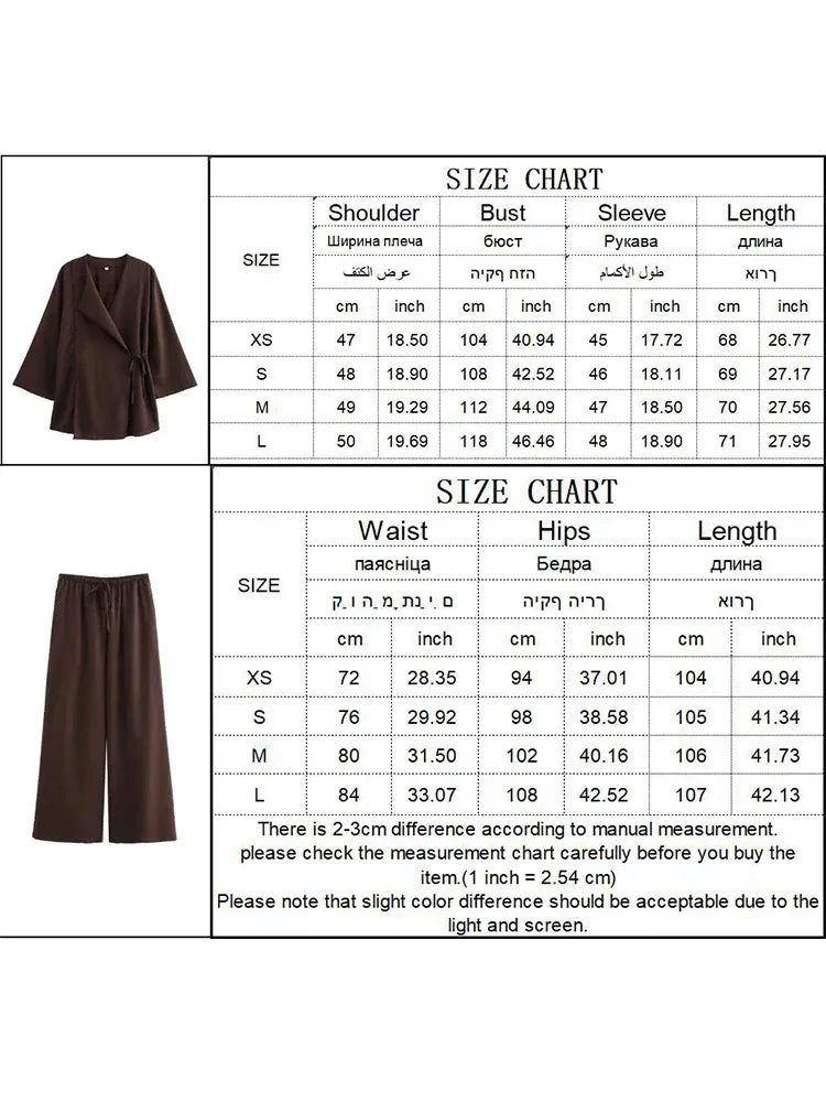 T-line 2 Pieces Sets,  Women Kimono Style suit,  Loose Lace Up Shirts Tops Women's Wide Leg Pants Sets (2 weeks delivery)