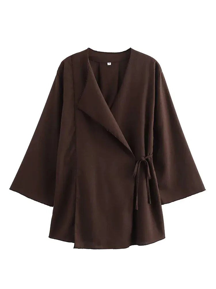 T-line 2 Pieces Sets,  Women Kimono Style suit,  Loose Lace Up Shirts Tops Women's Wide Leg Pants Sets (2 weeks delivery)