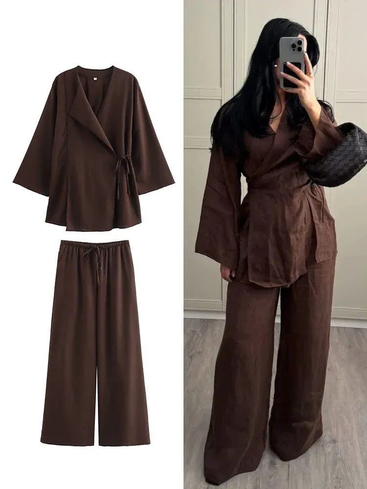 T-line 2 Pieces Sets,  Women Kimono Style suit,  Loose Lace Up Shirts Tops Women's Wide Leg Pants Sets (2 weeks delivery)