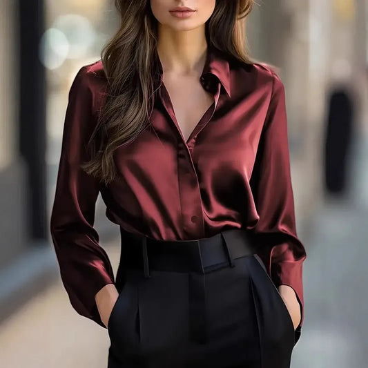 T-line 2025 Spring and Autumn Women's Lapel Shirt Brown Button Cardigan Top Black Elegant Fashion Office Basic Blouses for Female
