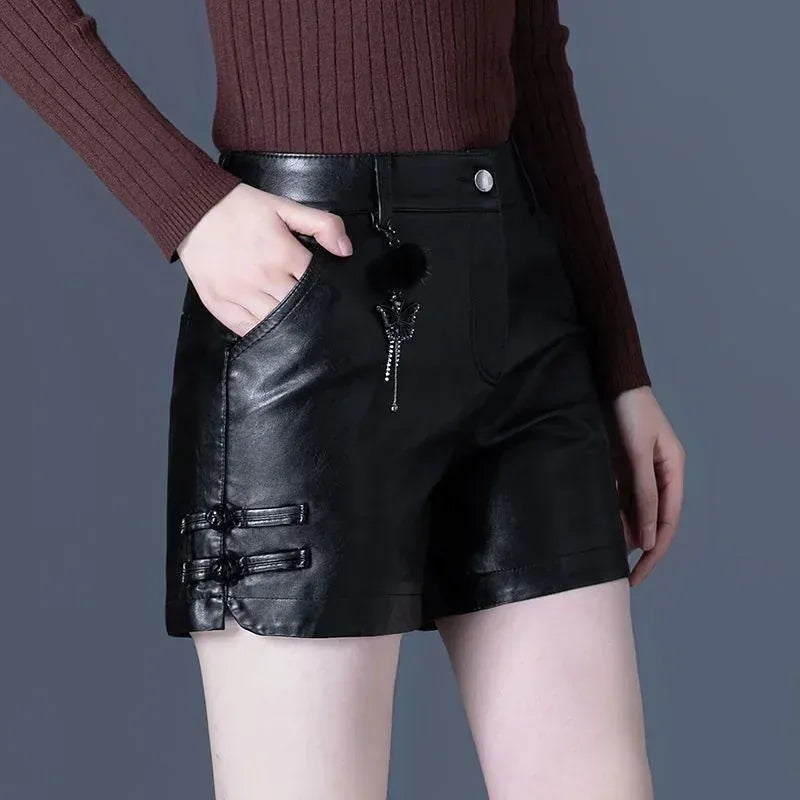 T-line 2XL 62.50kg -67.50kg / Black Zone B 6035 Fashion High Waist PU Leather Wide Leg Pants Women Loose Casual Long Trousers Autumn Winter New Style Elegant Versatile