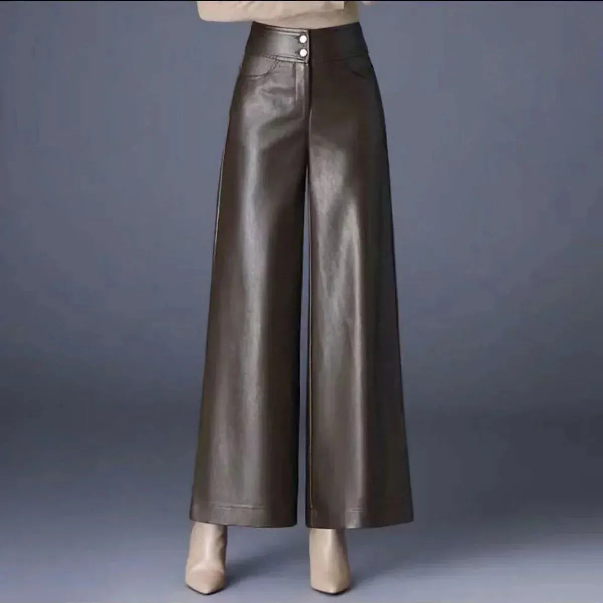 T-line 3XL 67.50kg -72.50kg / Coffee color e zone 2700 Fashion High Waist PU Leather Wide Leg Pants Women Loose Casual Long Trousers Autumn Winter New Style Elegant Versatile
