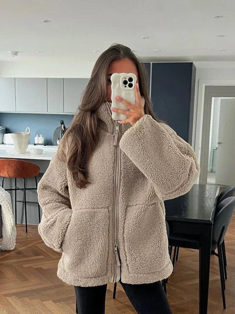 T-line 7 Color Autumn Winter  Faux  Fur  women Jacket , Loose Lamb Wool,  High Neck Woolen Coat Warm Overcoat  (2 weeks delivery)