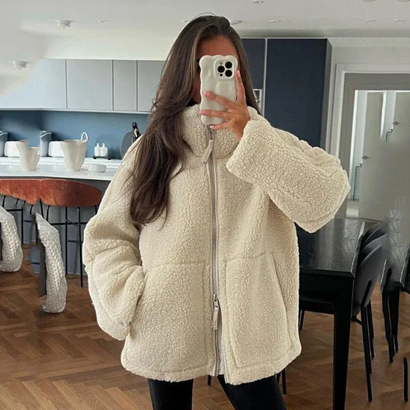 T-line 7 Color Autumn Winter  Faux  Fur  women Jacket , Loose Lamb Wool,  High Neck Woolen Coat Warm Overcoat  (2 weeks delivery)