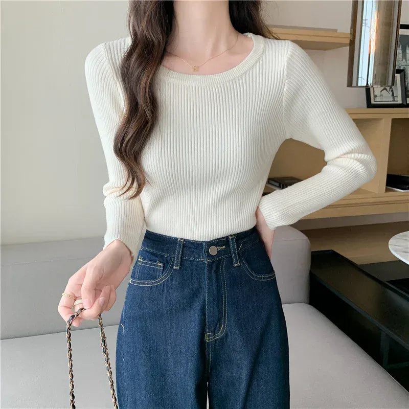 T-line Apricot / One Size O-neck, Solid, Knit, Slim Pullovers. Autumn Winter  Women Sweater, Female Long Sleeve Warm pullover(2 weeks delivery)