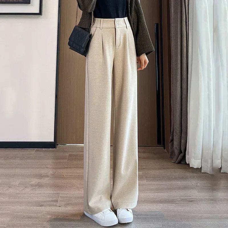 T-line Apricot / S Autumn / Winter Comfortable, Woolen Pants, Female , Straight Leg Trousers, Thicken High Waisted Pants (2 weeks delivery)