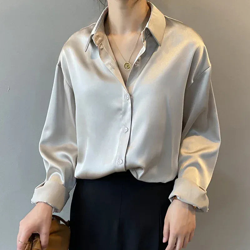 T-line Apricot / S Casual, Button, Silk, Tops,  Satin, Loose, Women Shirt,  Blouse (2 weeks delivery)